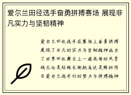 爱尔兰田径选手奋勇拼搏赛场 展现非凡实力与坚韧精神