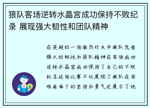 狼队客场逆转水晶宫成功保持不败纪录 展现强大韧性和团队精神